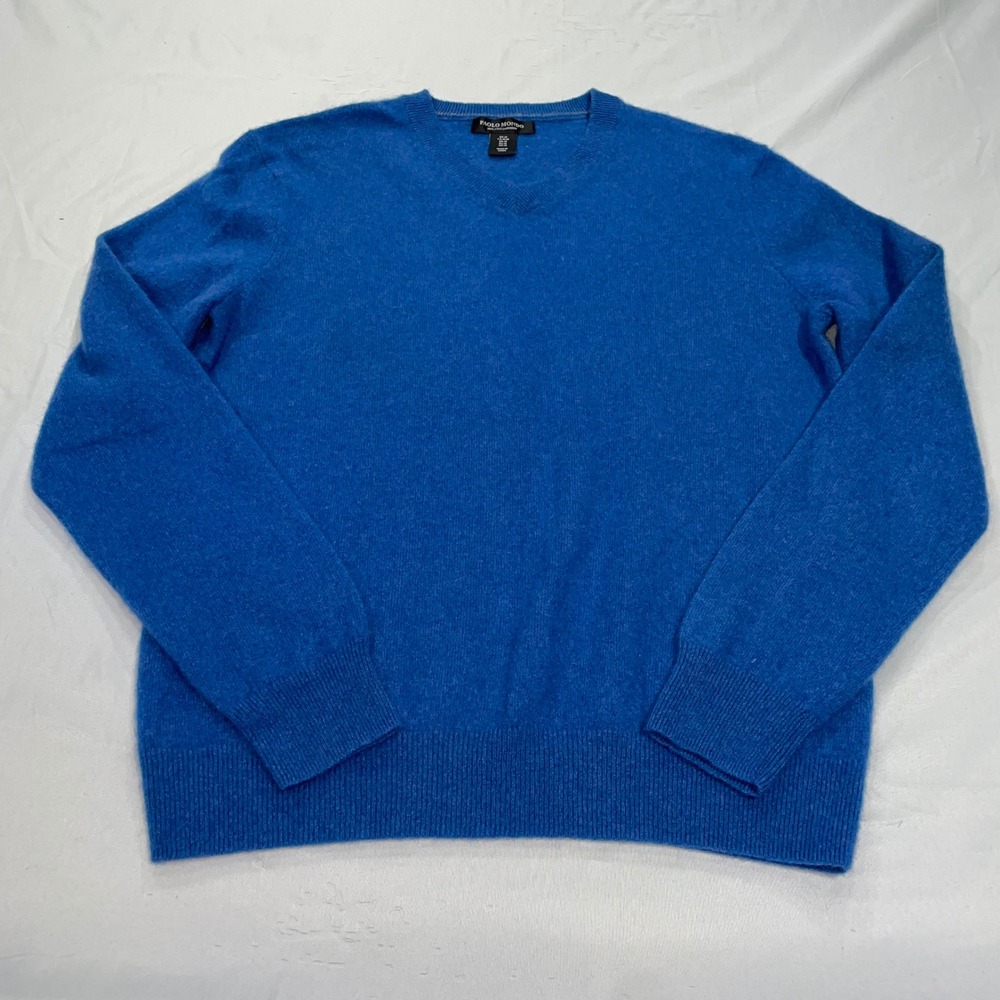 Paolo Mondo Mens Cashmere V-Neck Sweater Blue 2-Ply Pullover RN113286 Size M - Picture 2 of 7